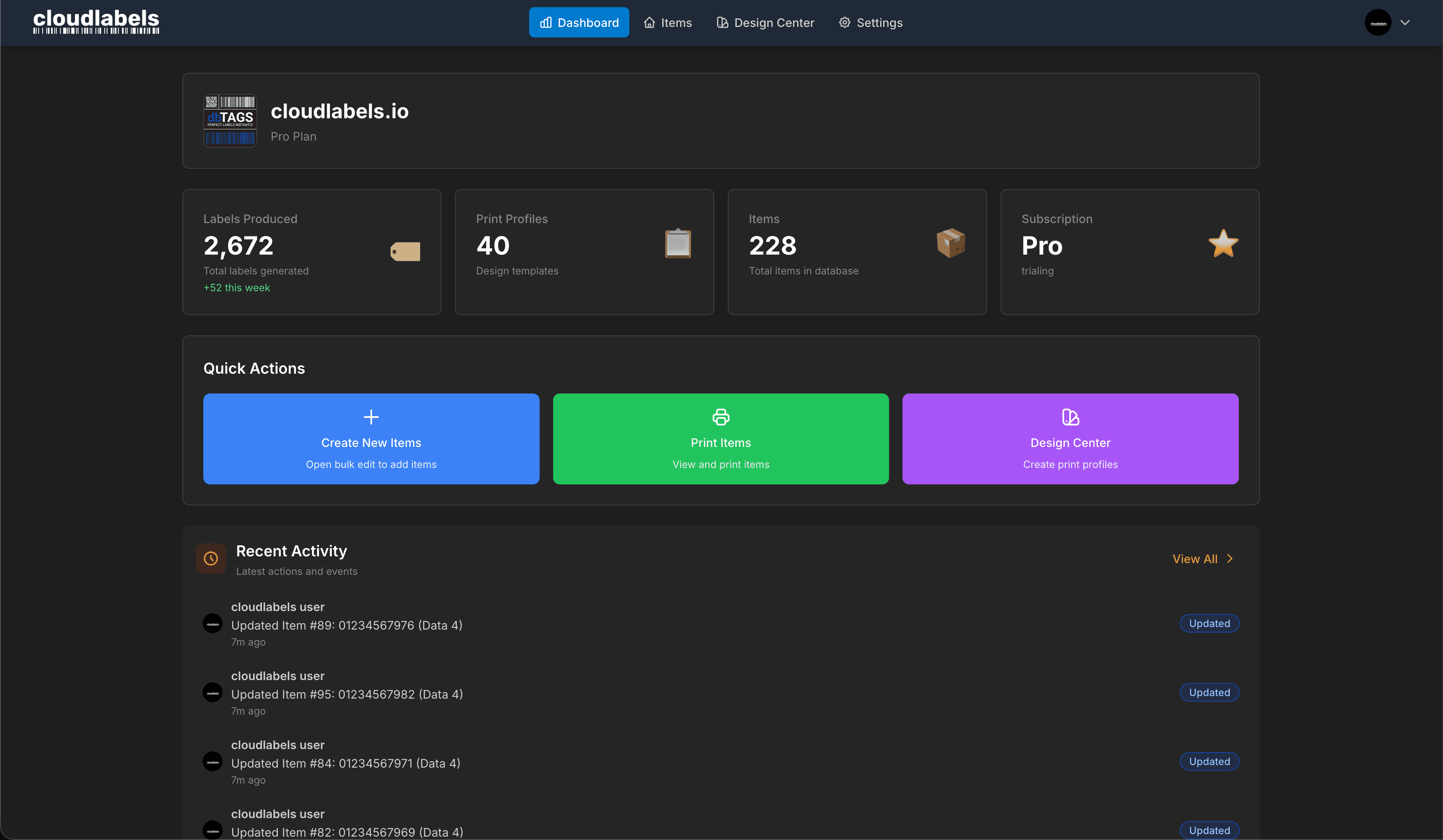 Cloudlabels dashboard showing projects and label batches