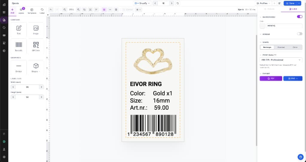 Cloudlabels Design Center with a 30 × 50 mm jewelry label on the canvas — image, text fields, and EAN-13 barcode