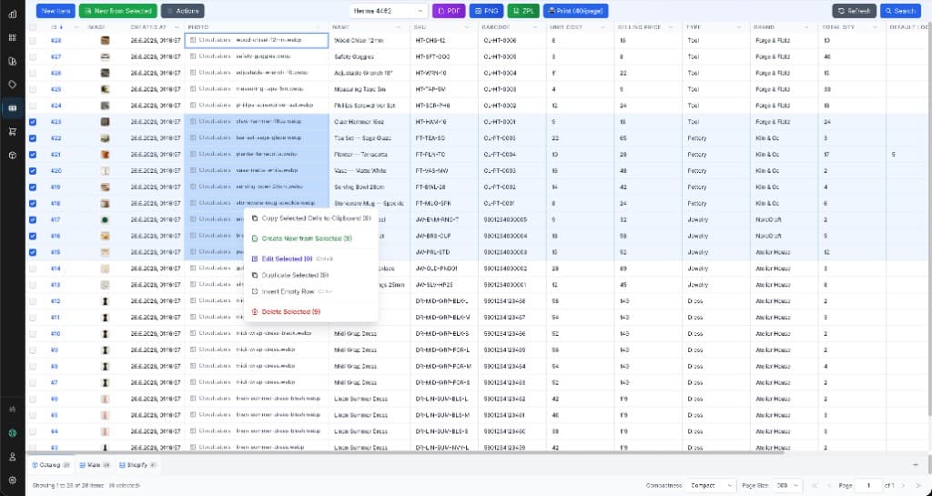 Items table with rows selected and the bulk context menu open, ready to print 40 pages
