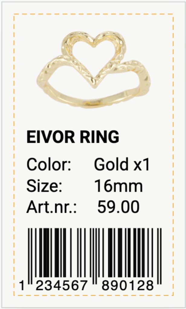 The finished EIVOR RING label — product photo, attributes, and scannable EAN-13 barcode